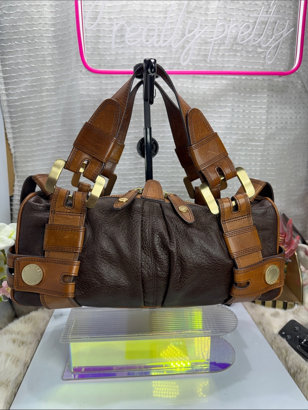 (X2)Vintage Michael Michael Kors Y2K dark brown and tan leather handbags.